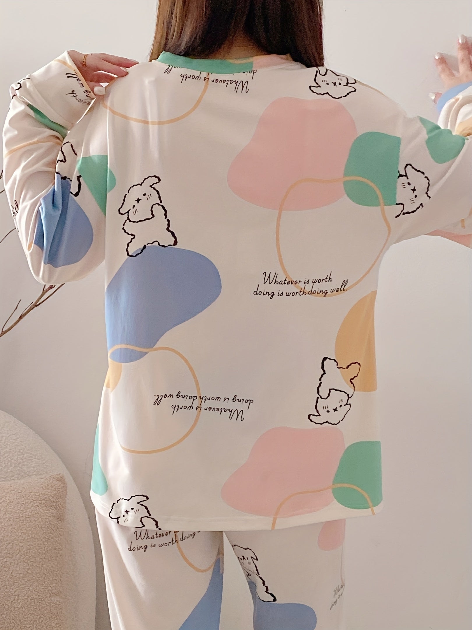 Women's Letter Print Pajama Set Long Sleeve Cozy Fall Lounge Sleepwear