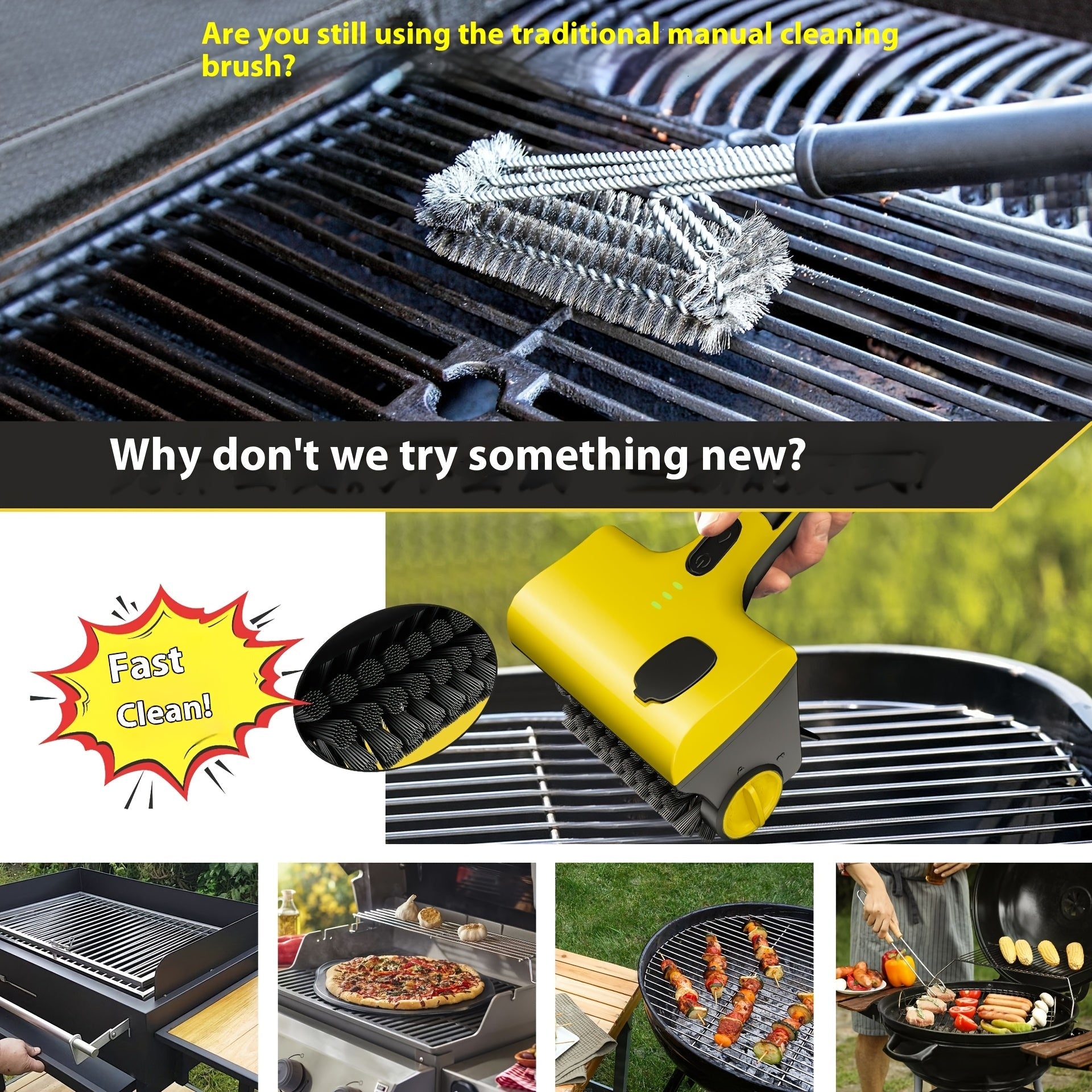 Беспроводная электрическая щетка для чистки гриля с заменяемой щеткой, подходит для чистки плитки на кухне.