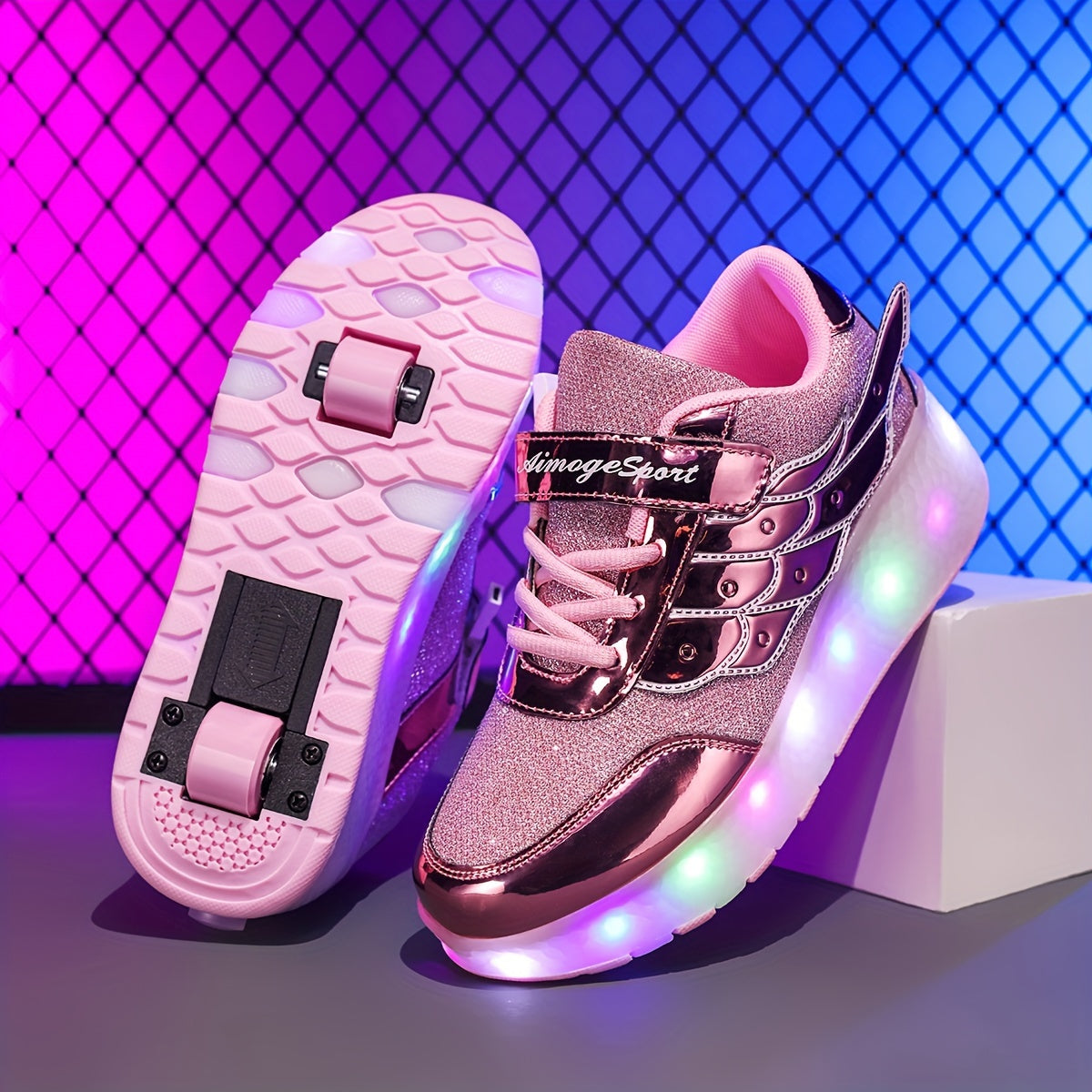 Pink Glitter LED Roller Skates for Girls and Boys with Mesh Upper and Sequins