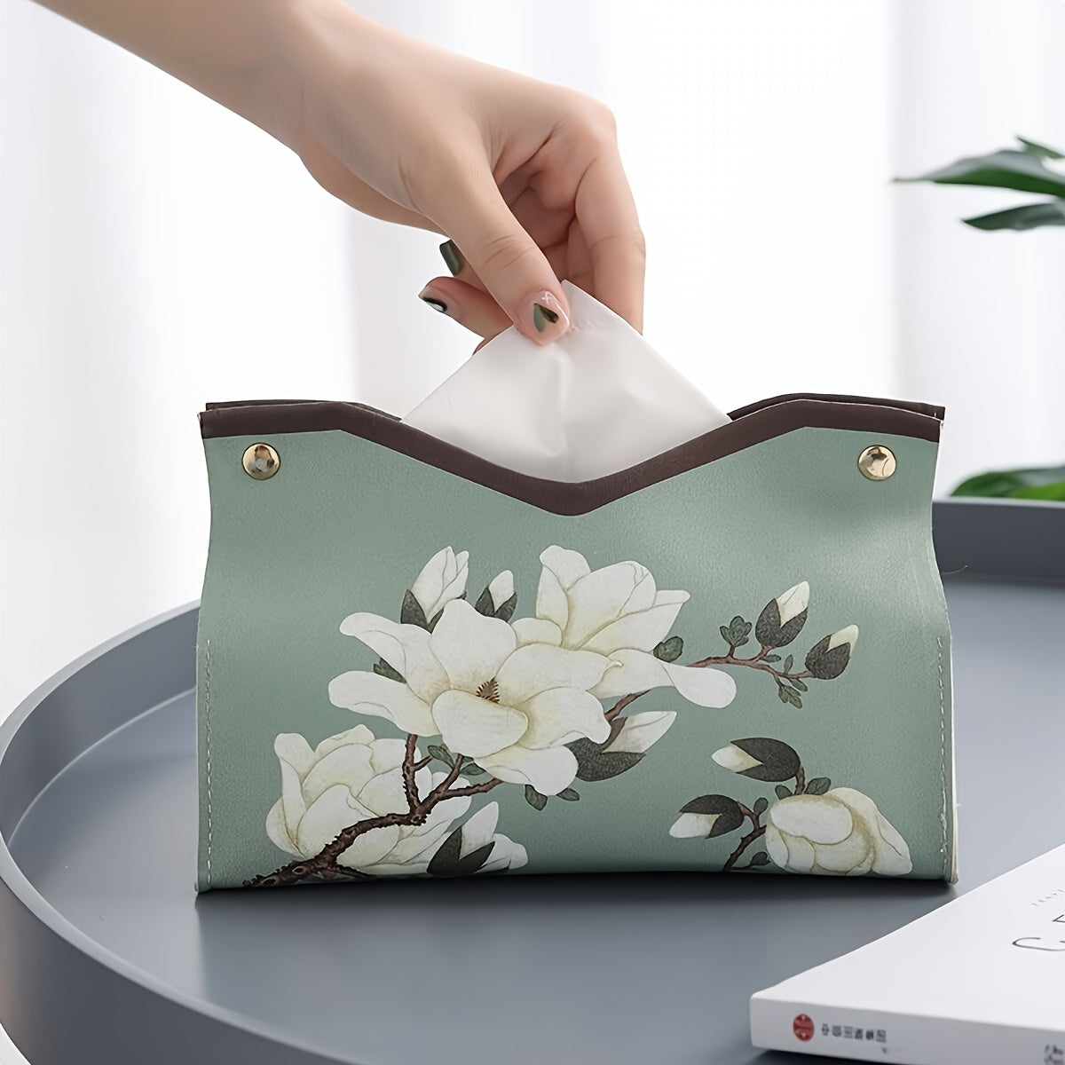 Caja de pañuelos de cuero con estampado floral para decoración de baño y sala de estar