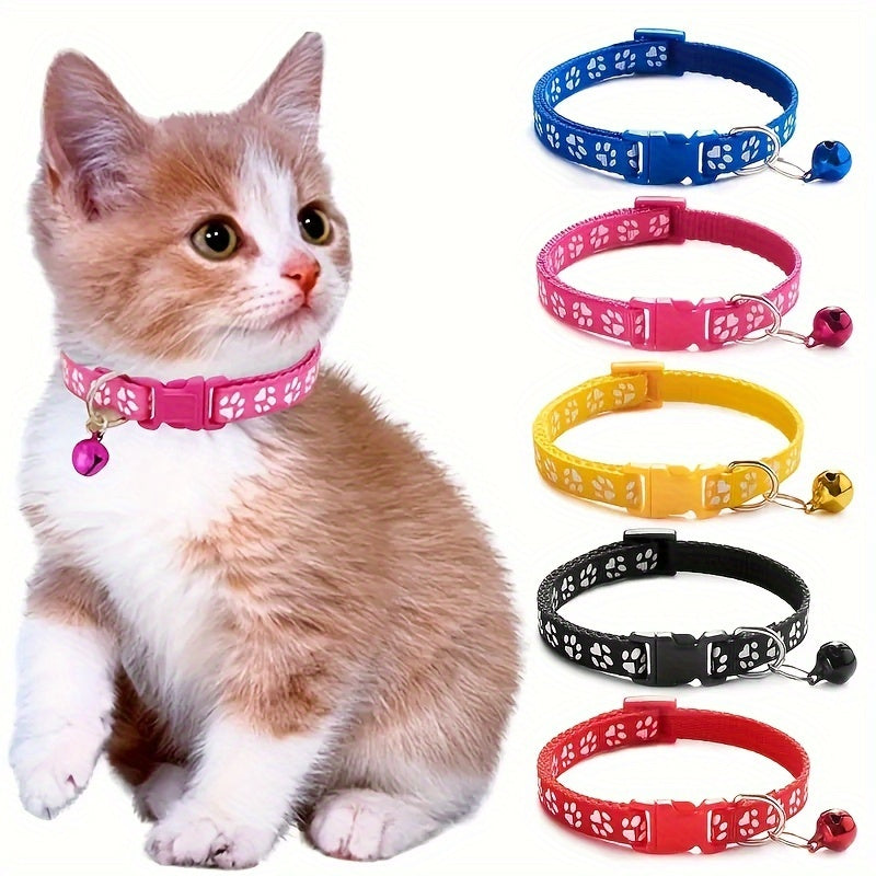 Set of 10 Nylon Pet Collars with Bells for Cats Paw Print Adjustable Safety