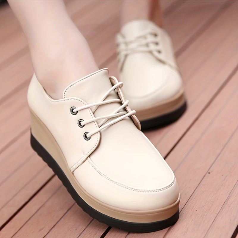 Women's Lace-Up Platform Wedge Loafers with Round Toe and Low Top