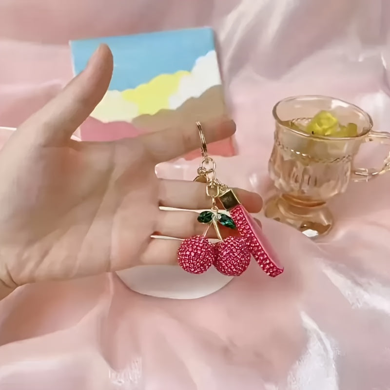 Pink Rhinestone Cherry Keychain for Women and Girls, Cute Bag Charm