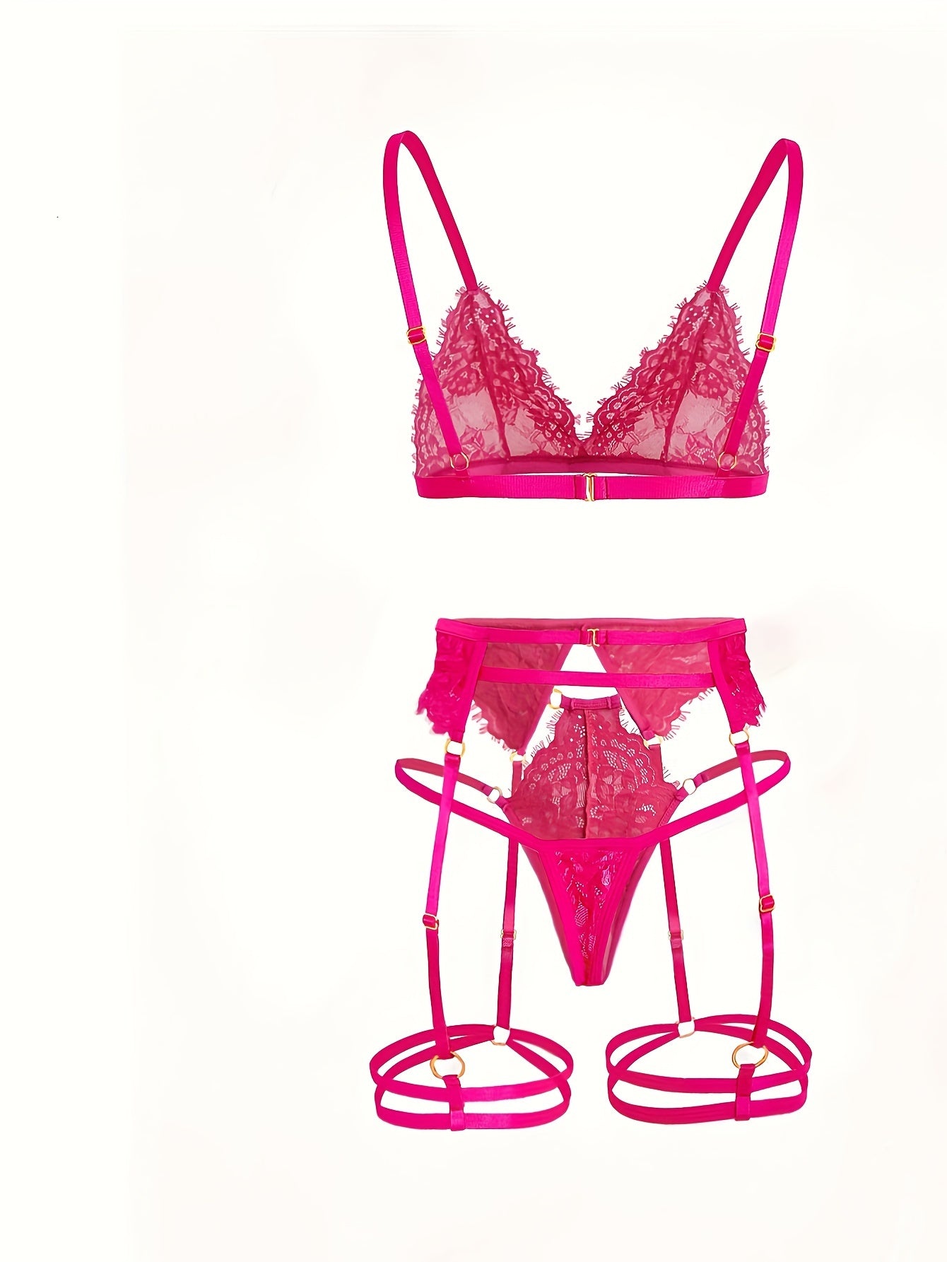 Ayollar uchun 5 ta qismlik jozibali gullar bilan bezatilgan dantelli ichki kiyim to'plami: brassier, thong, garter belti va oyoq halqalari. Nylon aralashmasi, qo'l bilan yuvish mumkin.