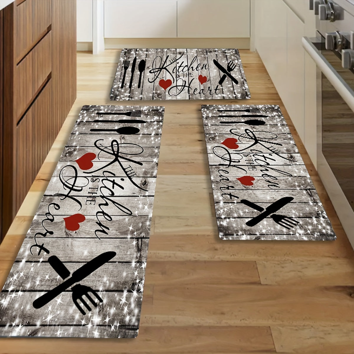 Wood Grain Kitchen Mat with Heart Knife and Fork Design Durable Polyester Non-Slip Washable