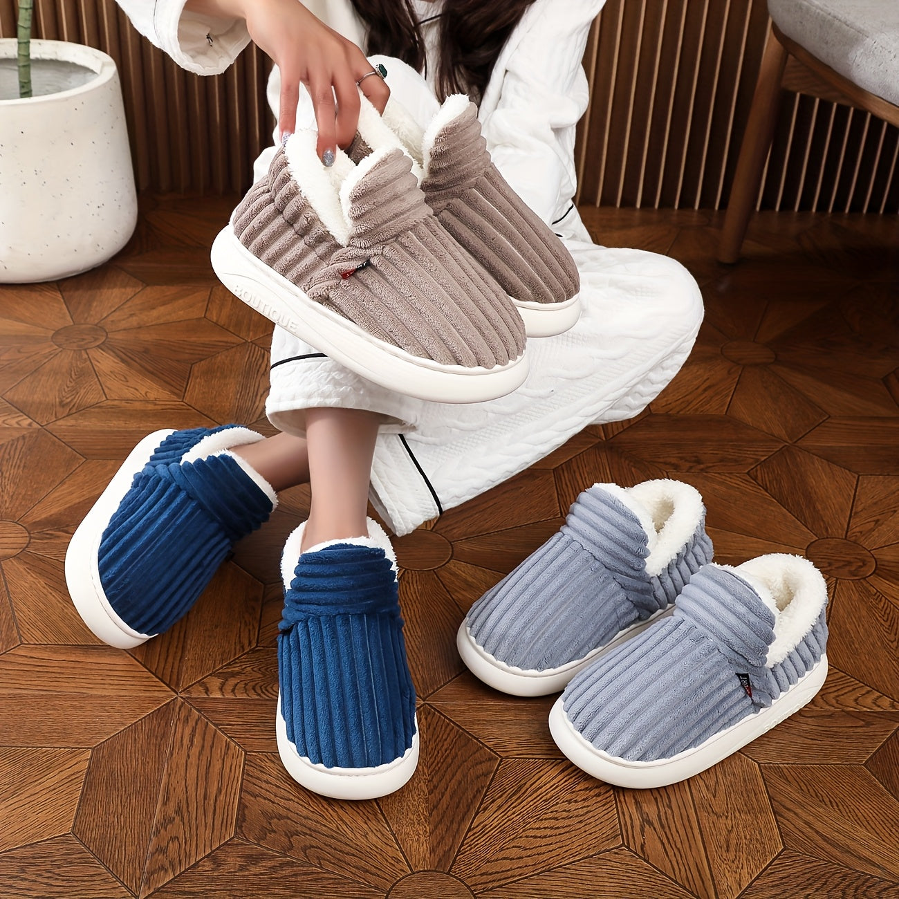 Women Thick Solid Color Winter Shoes Plush Lined Anti-Slip EVA Indoor Outdoor