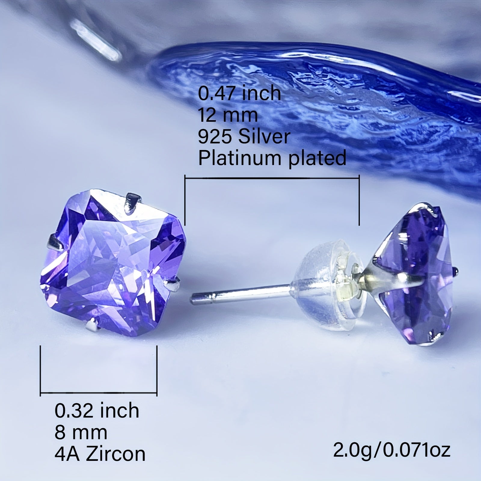 Sterling Silver Square Stud Earrings with Purple Zirconia Inlays for Wedding and Formal Wear