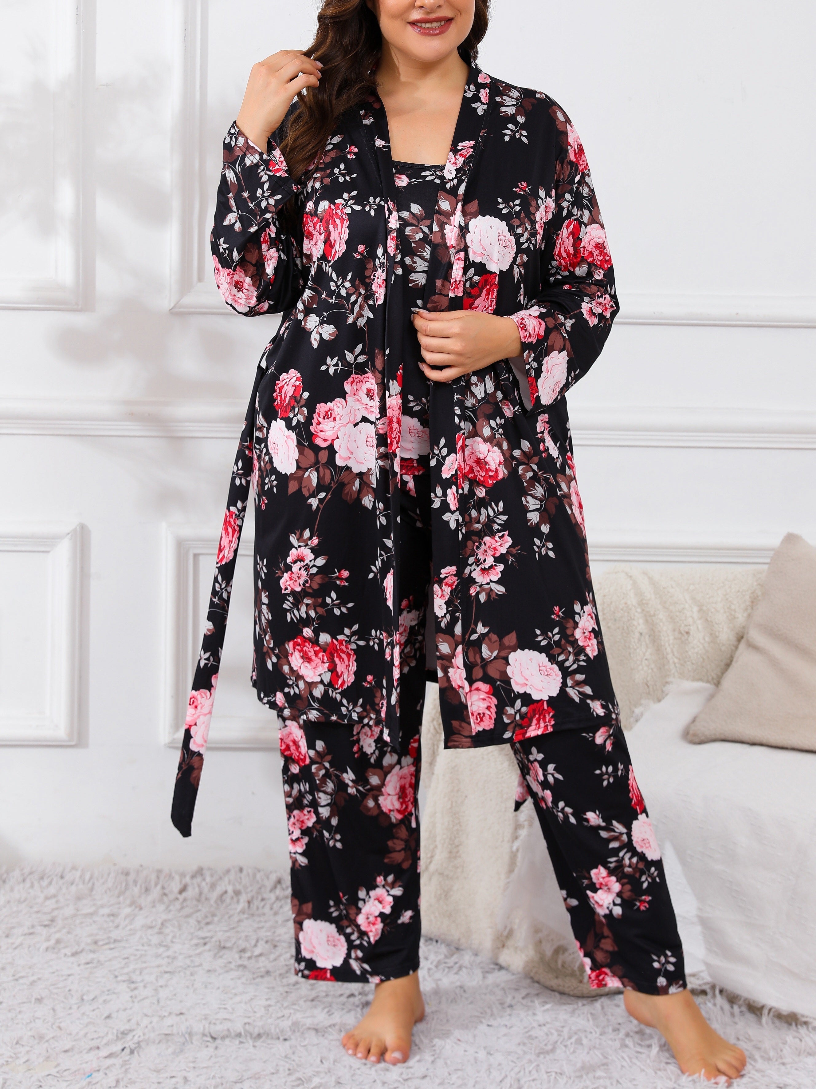 Plus Size Floral Print Pajama Set for Women Long Sleeve Lounge Robe Camisole and Pants Fall Winter Knit Polyester Blend