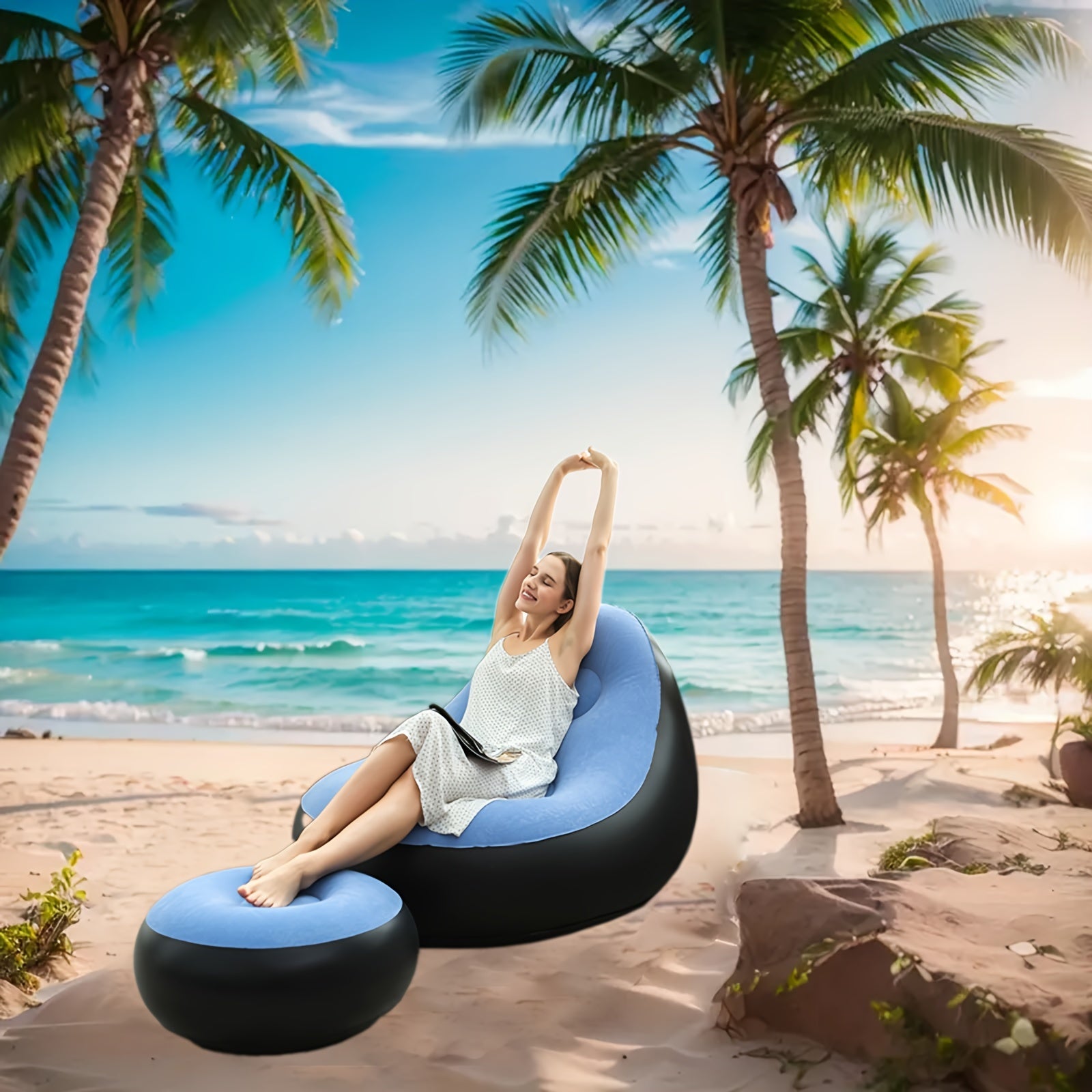 Inflatable Lounger Sofa with Footrest for Camping Hiking Sunbathing Adult PVC Stackable