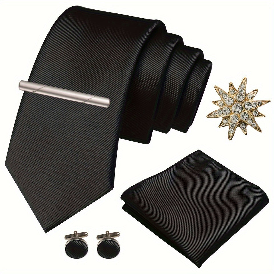 Erkaklar uchun satinning twill galstuk to'plami, galstuk klipi, cho'ntak sharlari, manşet o'rashlar va brosh uchun rasmiy tadbirlar