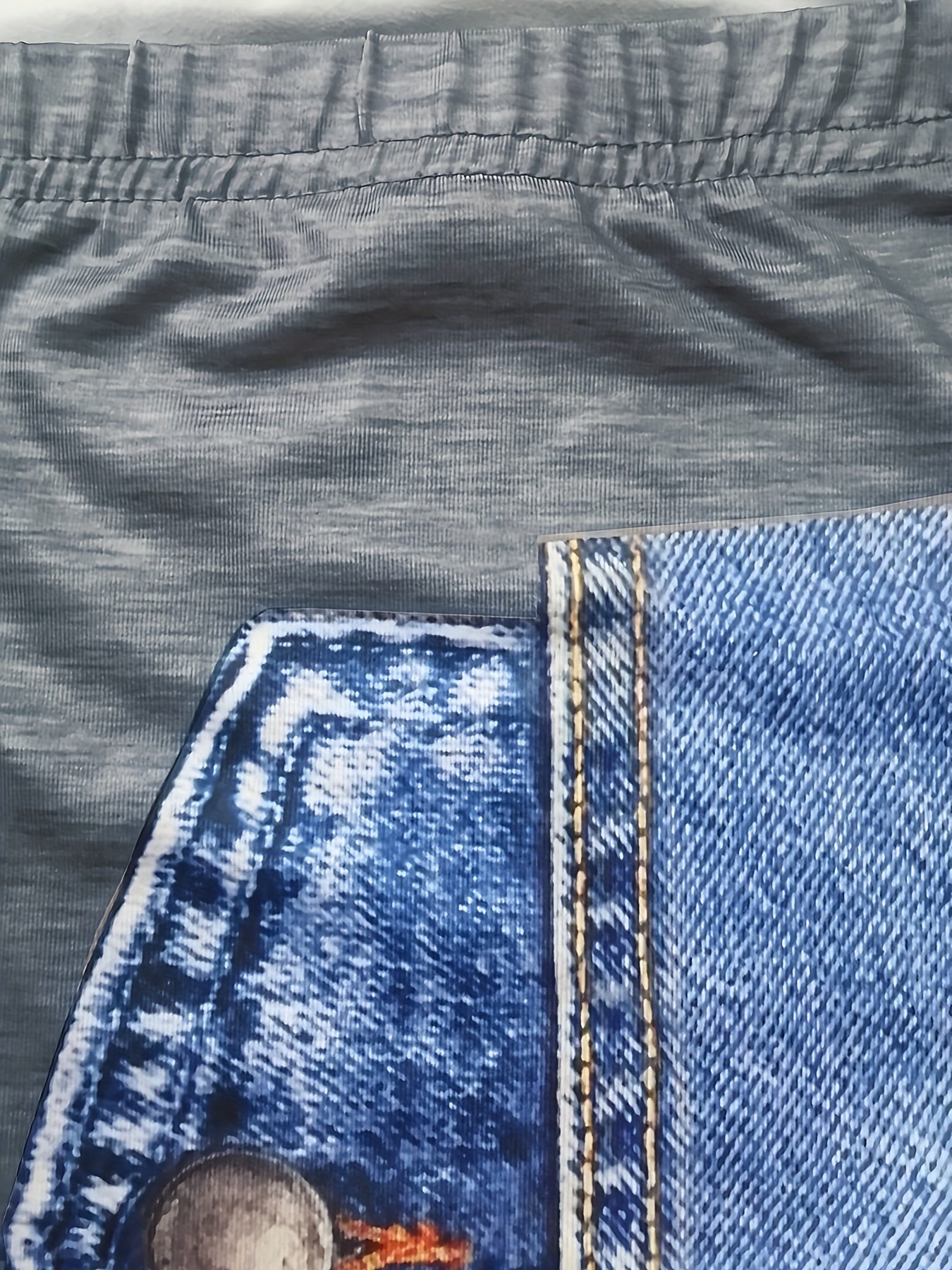 Ayollar uchun kattalashtirilgan sun'iy denim printli xuddi va shimlar to'plami, chiroyli bo'yinli pullover, tortish chiziqli, uzun qo'lqonli to'qilgan mato, 90% polyester 10% spandeks, har tomonlama printli kundalik kiyim to'plami.