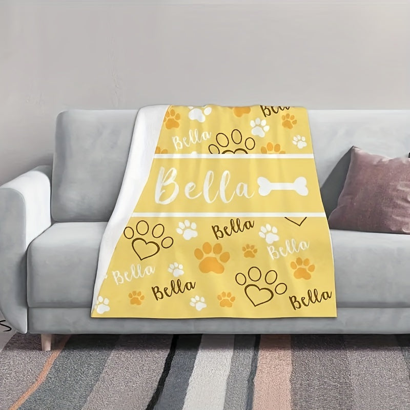 Personalized Dog Paw Print Flannel Blanket Soft Cozy Couch Bed Travel Camping All-Season