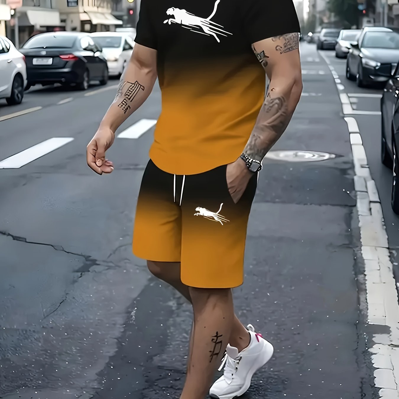 Men's Summer Casual Print Polyester Short Sleeve Sports Suit