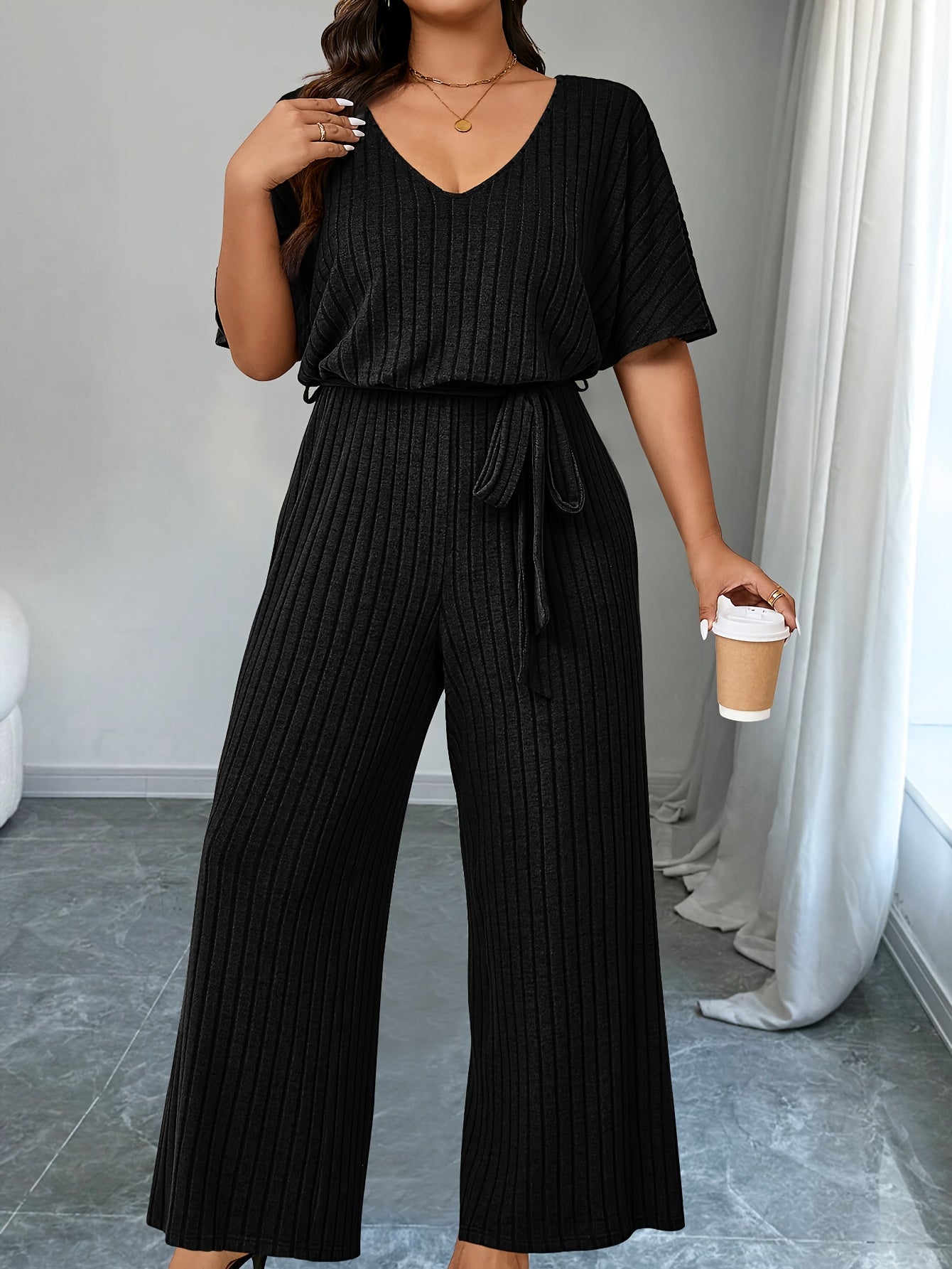 Plus Size Ribbed Wide Leg Jumpsuit Casual Belted Short Sleeve V Neck
