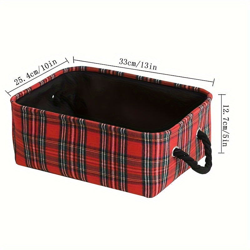 Festive Plaid Storage Basket with Handles for Holiday Decorations and Gifts