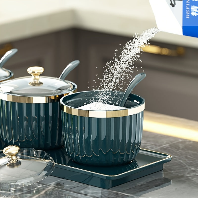 Kitchen Spice Storage Set Plastic Salt Sugar Oil Jar with Spoon and Covered Jars