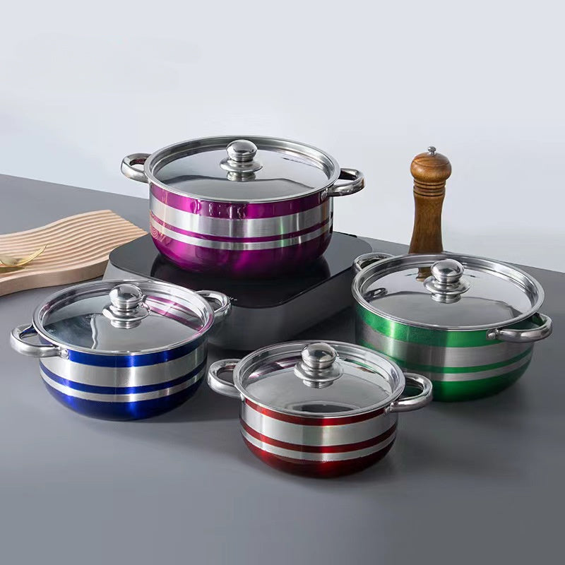 Juego de utensilios de cocina de acero inoxidable de 4 piezas en colores con tapas y cuchara para servir