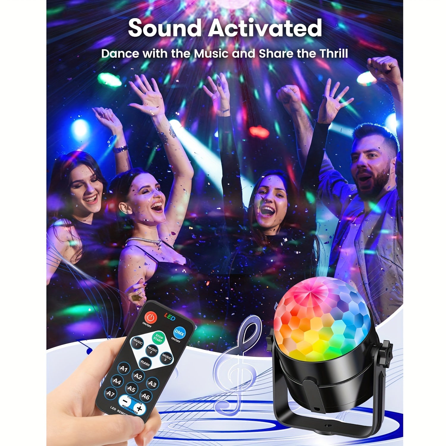 Luz de bola de discoteca LED de 7 colores, alimentada por USB, material ABS negro para fiestas y eventos