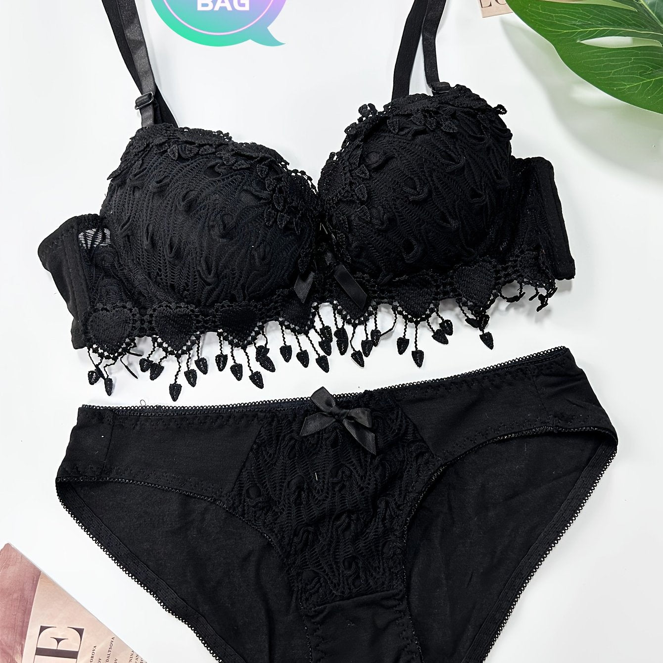 Women Red Heart Embroidery Lingerie Set with Push-Up Bra and Removable Pads