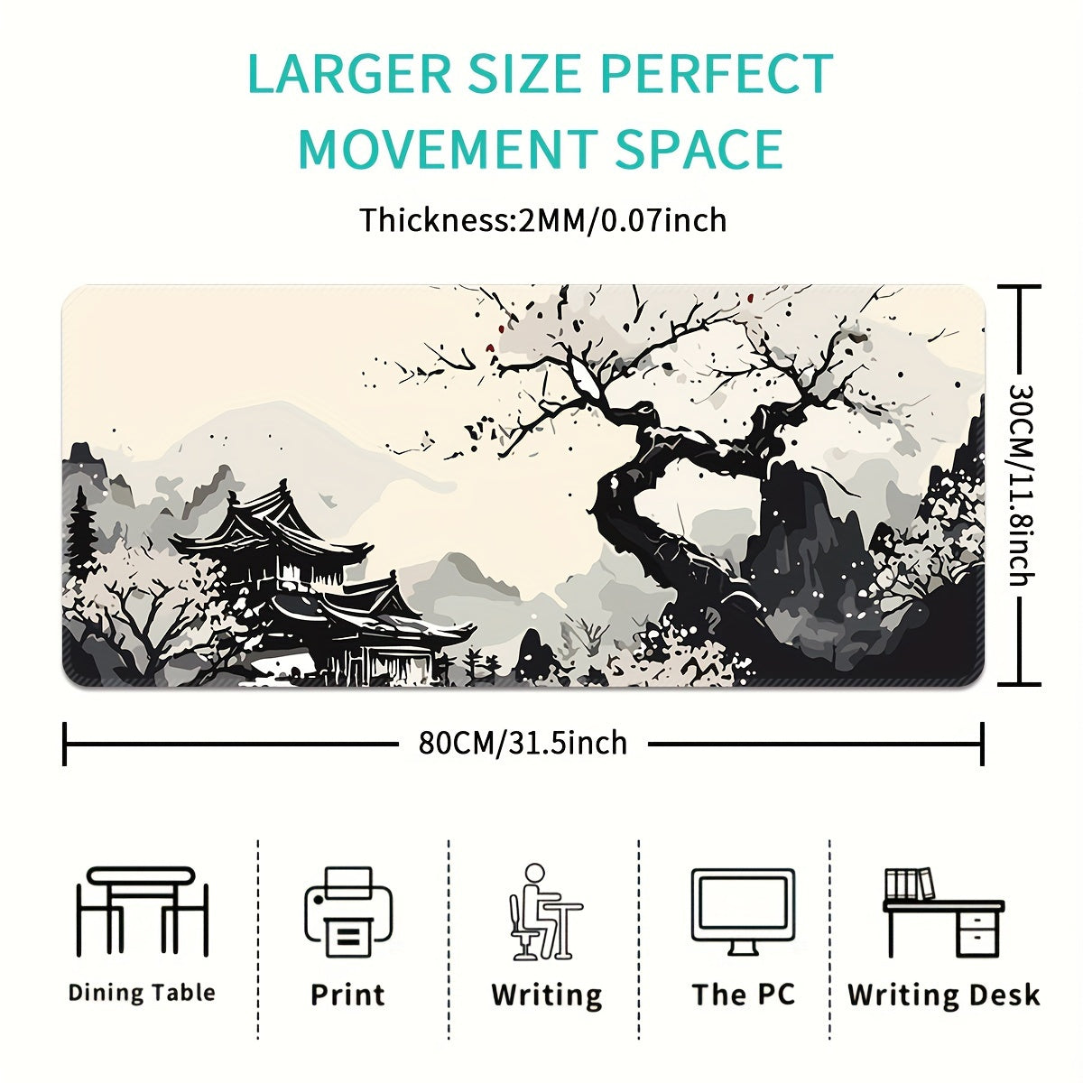 Large Gaming Mouse Pad Washable Non-Slip Rubber Desk Mat Japanese Ink Landscape Design Cherry Blossoms Mountain Scenery