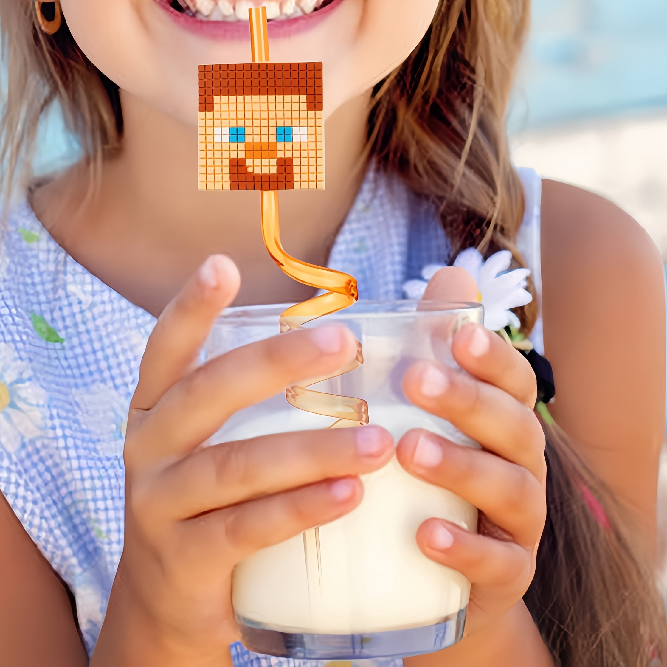 Pixelated Character Curved Drinking Straws Reusable Spiral Party Accessories