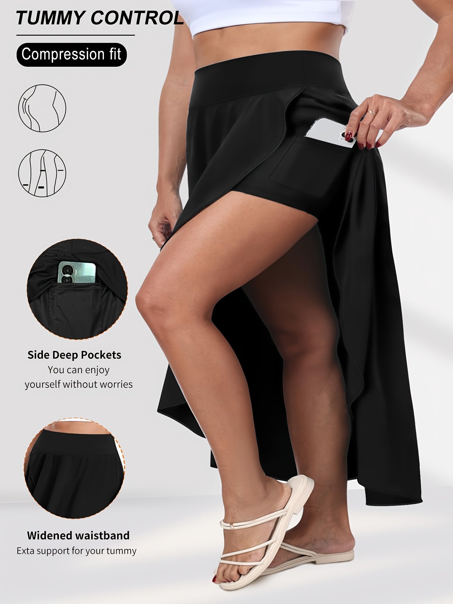 Women's High-Waisted Midi Skort Pants with Pockets and Quick-Dry Fabric