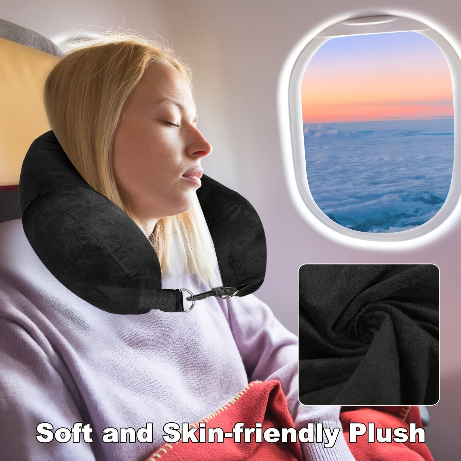 Black U-Shaped Travel Pillow with Clothes Storage, Refillable, Lightweight