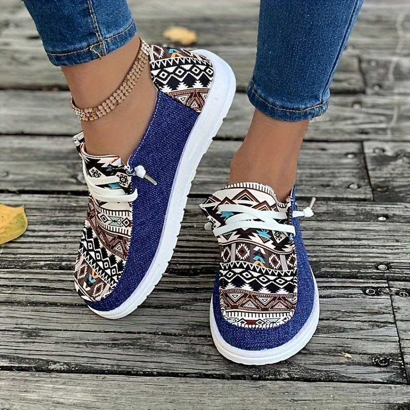 Women's Canvas Sneakers Casual Low Top Flat Shoes Lightweight Geometric Pattern