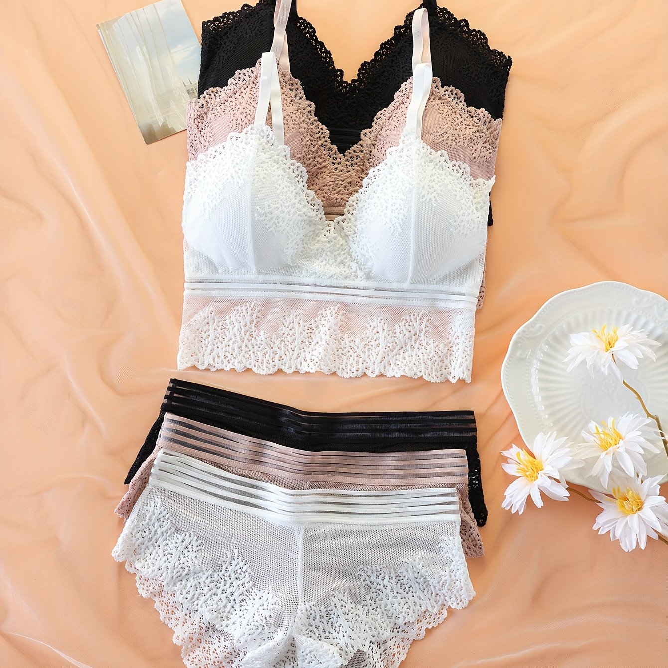 Set of 3 Women's Lingerie Sets with Lace Bras and Mesh Panties