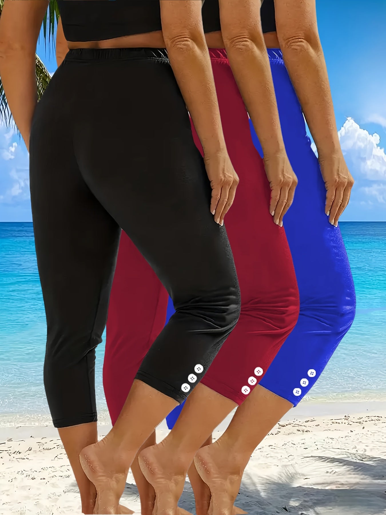 Women Plus Size Summer Shorts Set with Buttons, Cropped Trousers, Casual & Beach Wear