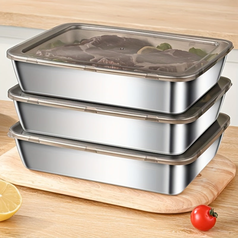 Set of 3 Stainless Steel Food Storage Containers Leak-Proof Microwave Freezer Safe Rectangular Kitchen Organizers