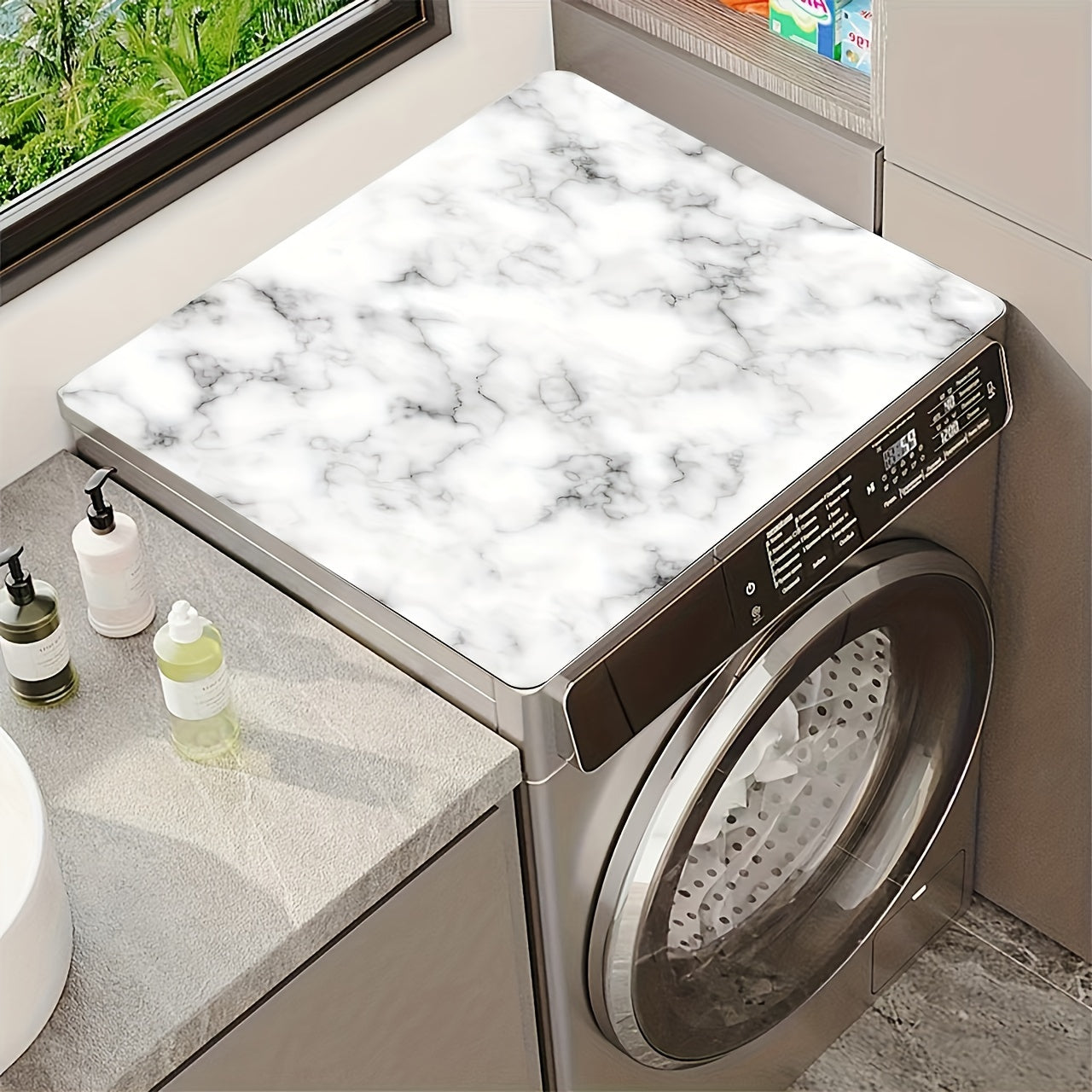 White Marble Printed Washing Machine Dryer Dust Cover Water Absorbent Sun Protective