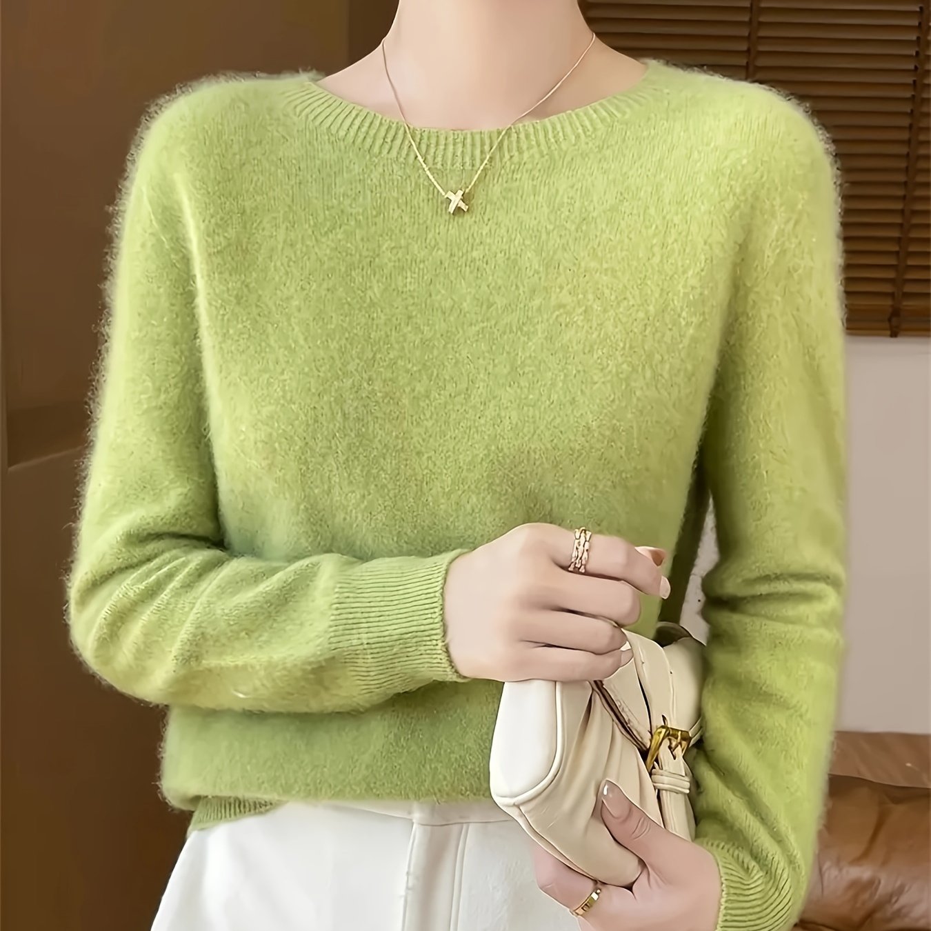 Suéter de lana merina para mujer de cuello redondo y manga larga, de color sólido, para otoño e invierno