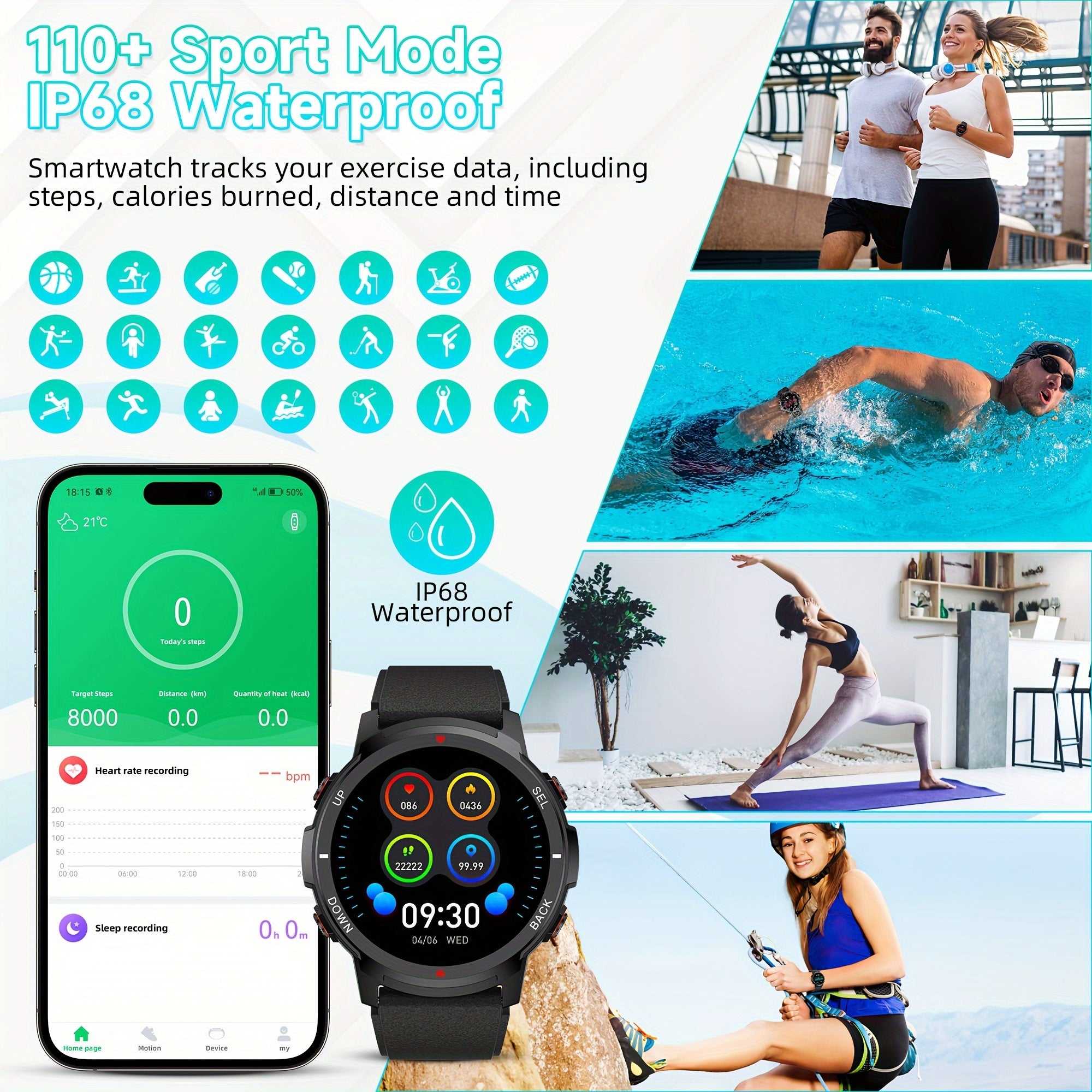 Alin S52 Erkaklar uchun Smartsoat, Sensorli ekran, Simsiz qo'ng'iroq, Uxlashni kuzatish, 110+ Sport rejimlari, Android va iOS bilan mos, Qora silikon tasma, Fitness kuzatuvchisi, Suvga chidamli.