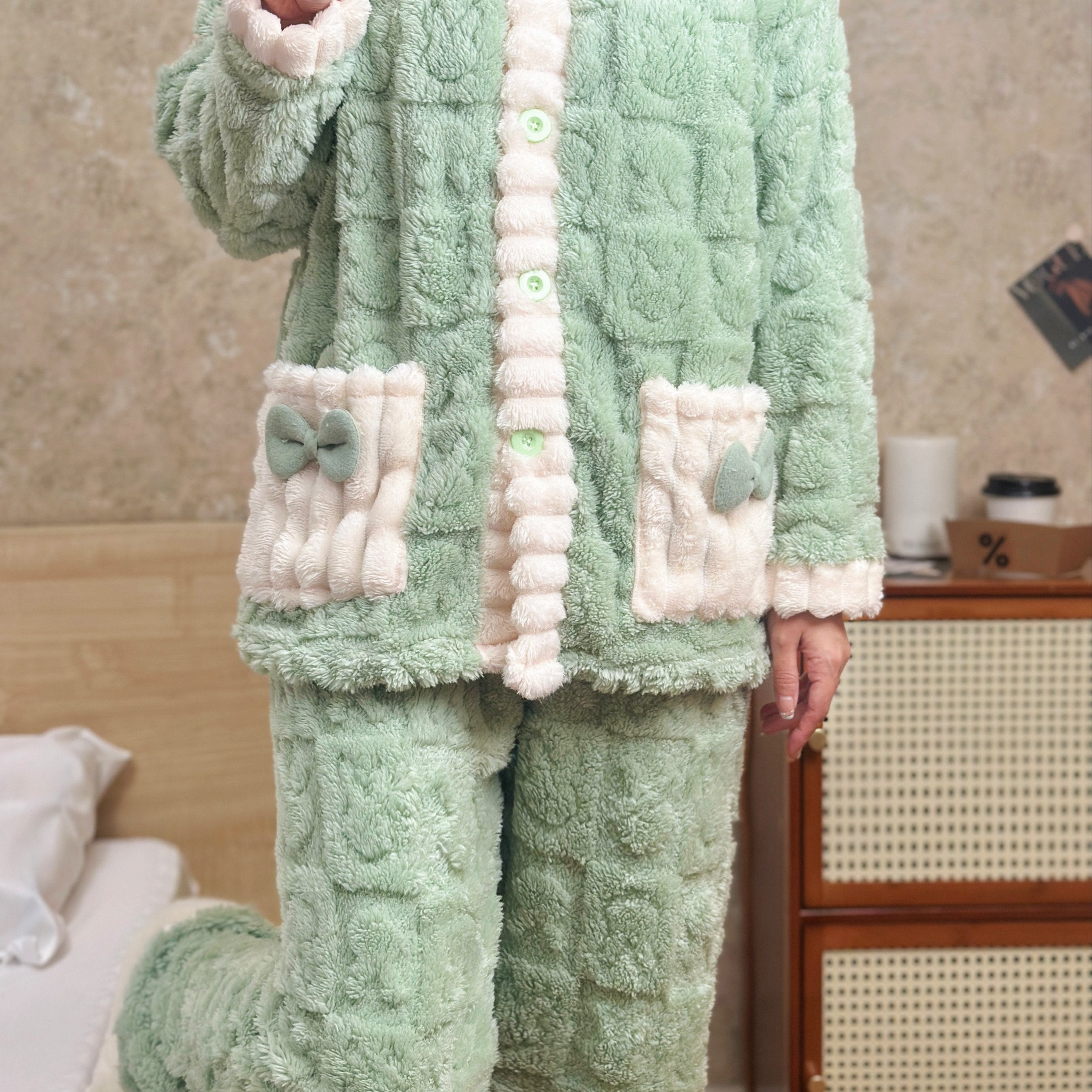 Conjunto de pijama de felpa con escote en V de mujer, con patrón de conejo y lazo, para ropa de dormir de otoño e invierno