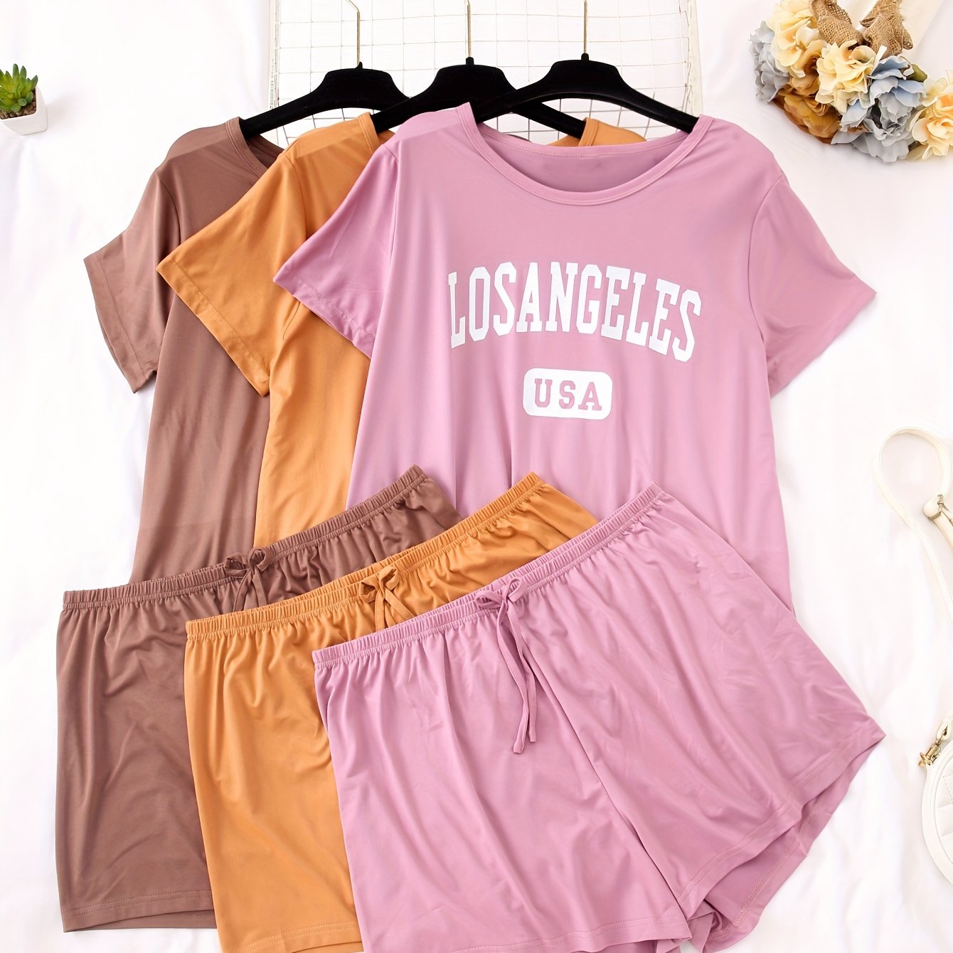 Women's Plus Size Casual Pajama Sets Short Sleeve Top and Shorts 6-Piece Letter Plaid Print