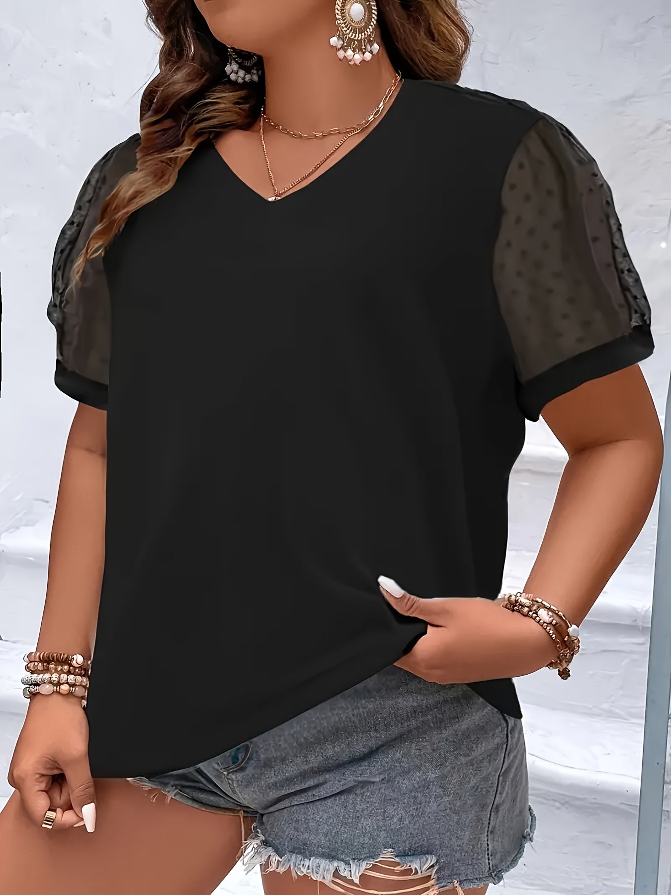 Plus Size V-Neck T-Shirt Women Lace Detail Breathable Mesh Short Sleeve Casual