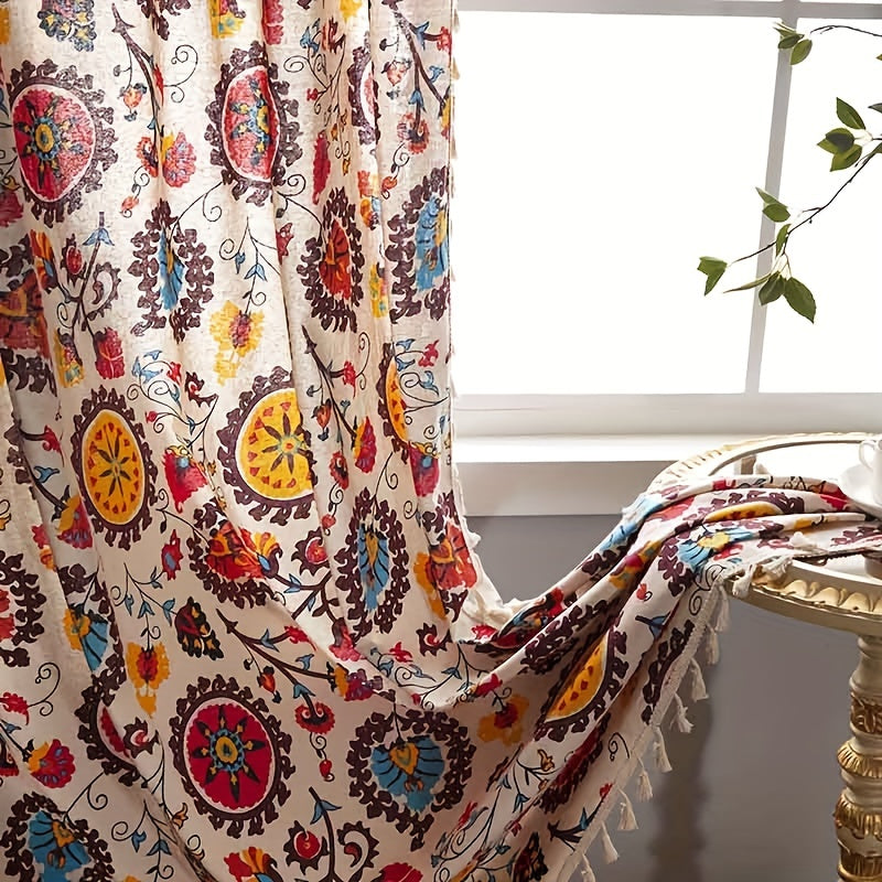Cortina boho floral semi-oscura para sala de estar, poliéster resistente al agua