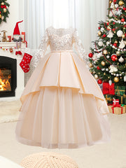 Girls Long Sleeve Tulle Wedding Dress with Bow Crew Neck Fit and Flare All-Season Costume