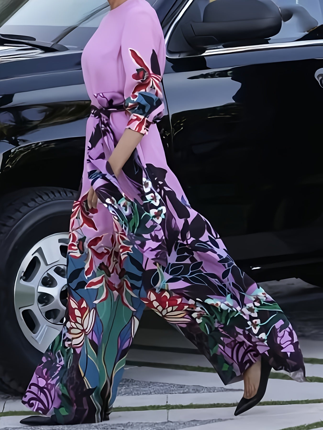 Mono floral de talla grande para mujer con cinturón, casual y formal para todas las estaciones