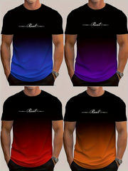 Erkaklar uchun gradient rangli harf bosma futbolkalar, tasodifiy sport uslubida, qisqa yenglar va dumaloq bo'yin bilan. Yozgi dam olish kiyimlari uchun ideal, mashinada yuvilishi mumkin va polyester va spandeksdan tayyorlangan.