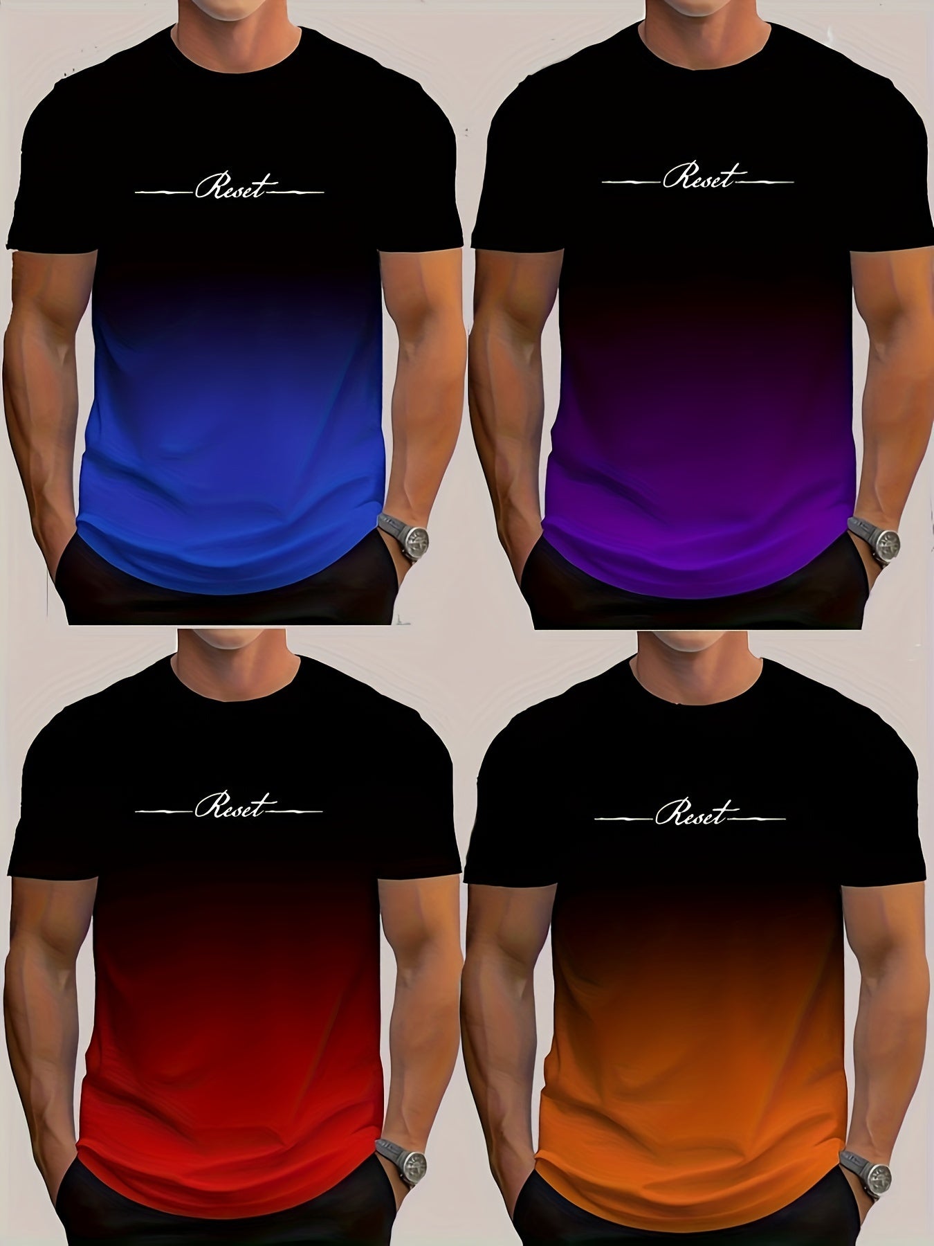 Erkaklar uchun gradient rangli harf bosma futbolkalar, tasodifiy sport uslubida, qisqa yenglar va dumaloq bo'yin bilan. Yozgi dam olish kiyimlari uchun ideal, mashinada yuvilishi mumkin va polyester va spandeksdan tayyorlangan.