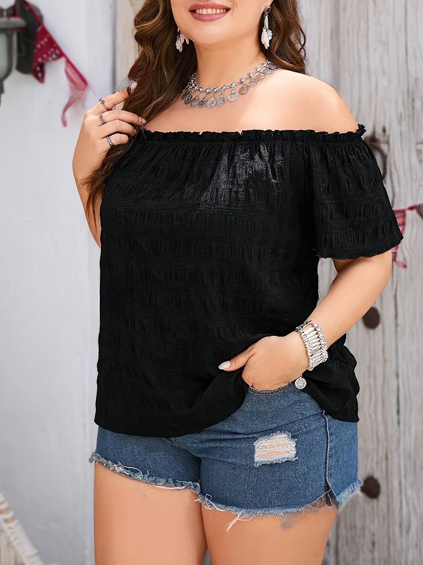 Plus o'lcham ayollar uchun off shoulder teksturali bluz bahorgi lettuce qirqimi