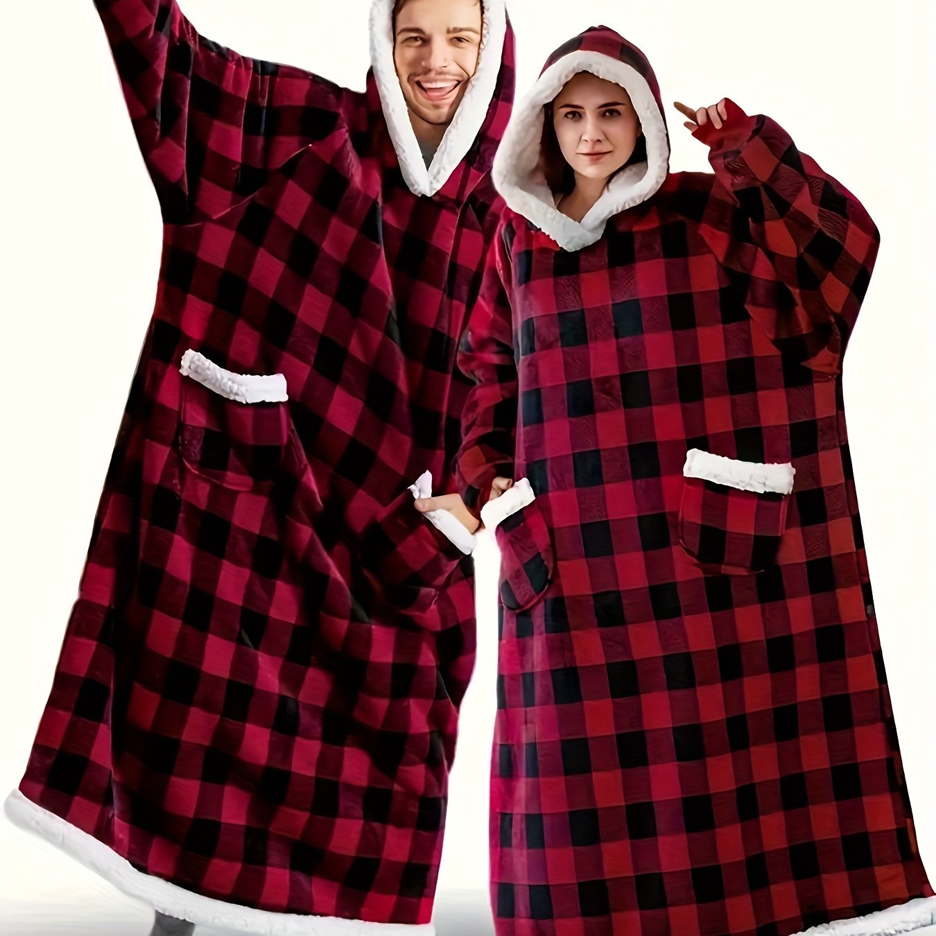 Men's Red and Black Plaid Flannel Hooded Bathrobe with Pockets for Winter Lounge