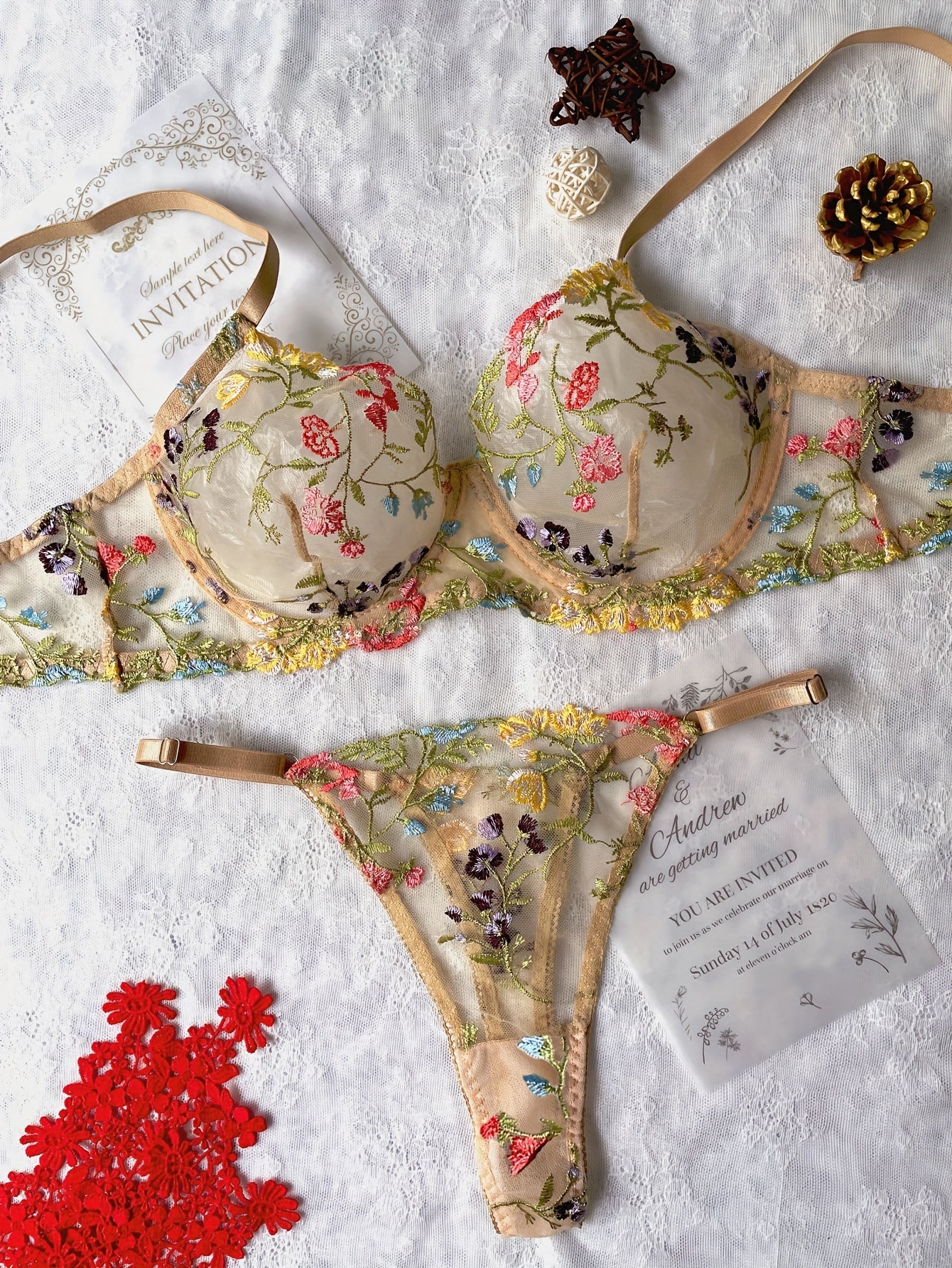 Women's Floral Embroidered Sheer Lingerie Set with Bra and Thong