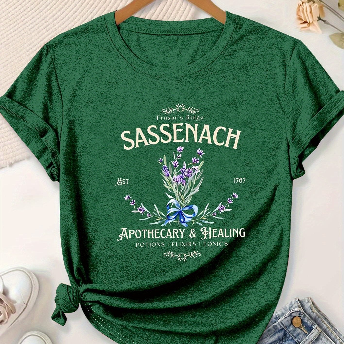 Plus Size Women's Lavender Letter Print Casual T-Shirt Floral Short Sleeve