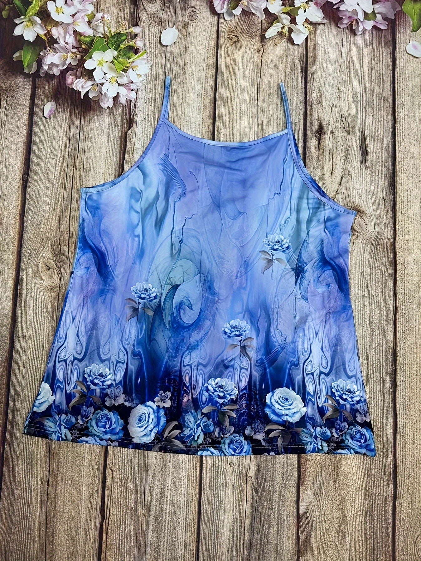 Топ с розовым принтом для полных женщин, летний, с тонкими бретелями, с круглым вырезом, для женщин