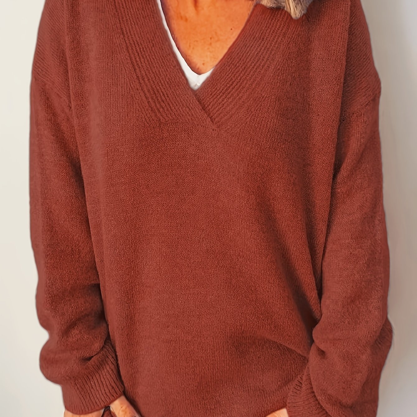 Plus Size Women's Navy Blue V-Neck Sweater Cozy Fall Winter Pullover