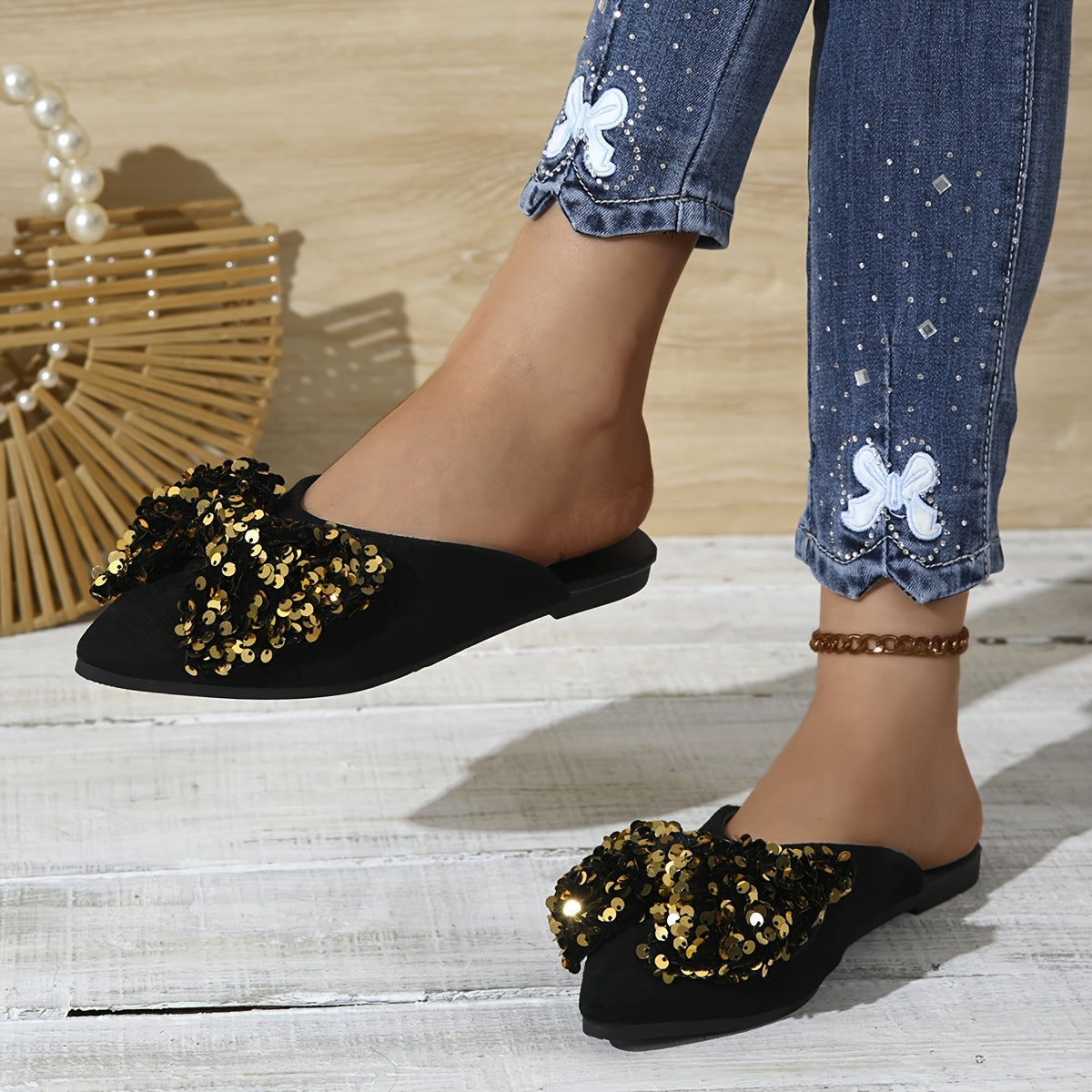 Zapatos planos de punta con lazo para mujer con parte superior de tela y suela de goma