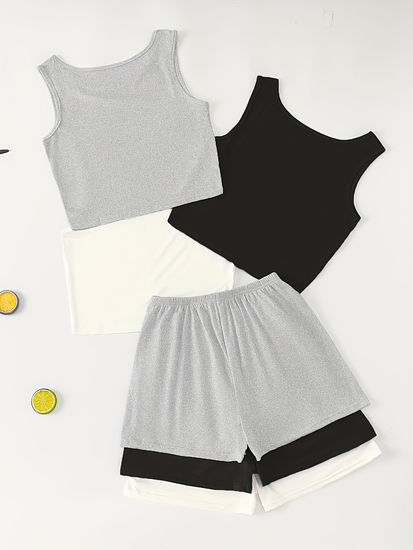 Conjunto de verano para mujer de 3 piezas, poliéster sólido, sin mangas, cuello redondo, ropa de dormir casual